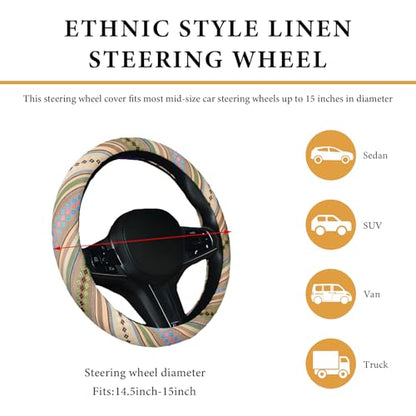 Boho Steering Wheel Cover, 15 Inch Coarse Flax Cloth Ethnic Style Anti-Slip Car Wheel Wrap, Universal Breathable Bohemian Steering Wheel Protector for Cars Vans Trucks (G) - color: G