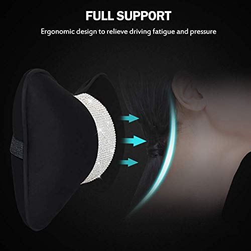 2 - Pack Bling Car Seat Neck Rest Pillow Soft Plush Crystal Headrest Head Support Cushion Car Decor Accessories for Women,Universal Fit for Car Seat Headrest, Black
