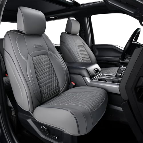 Coverado Front Seat Covers for Ford F150 2015-2026, F250 F350 F450 2017-2026 SuperCrew Crew Cab, Gray Leather Car Seat Covers, Full Coverage - color: Gray, size: Front