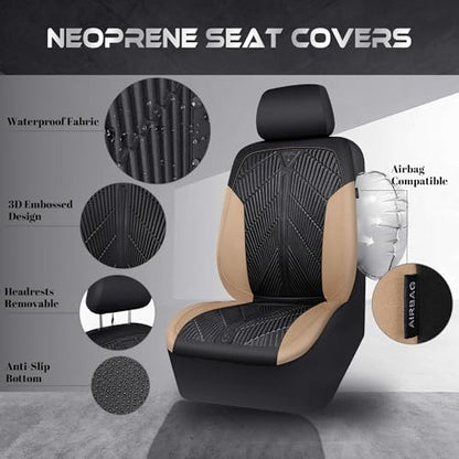 CAR PASS Waterproof Black Beige Car Seat Covers Front Seat Covers Neoprene Wetsuit,All-Weather Non-Slip Durable,Universal Fit for SUV Sedans Trucks Automotive,Airbag Compatible,3D Emboss Black Beige - color: Black and Beige, size: Two Front
