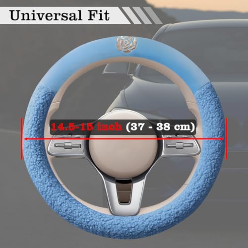 Blue Camellia Lambswool Steering Wheel Cover, for Universal Auto Steering Wheel 14.5-15 in, Lambswool Fabric, Anti-Slip, Soft Plush, Comforting and Luxurious, Embroidery Patterns, Soft Texture - color: Blue