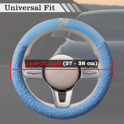 Blue Camellia Lambswool Steering Wheel Cover, for Universal Auto Steering Wheel 14.5-15 in, Lambswool Fabric, Anti-Slip, Soft Plush, Comforting and Luxurious, Embroidery Patterns, Soft Texture