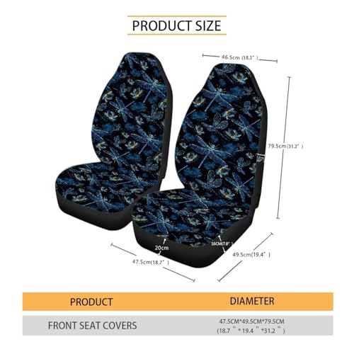Dragonfly Print Automotive Seat Covers Front Only, Comfortable Breathable Front Car Seat Covers Universal Fit Sedan Van Truck SUV - color: Black and Blue - Dragonfly
