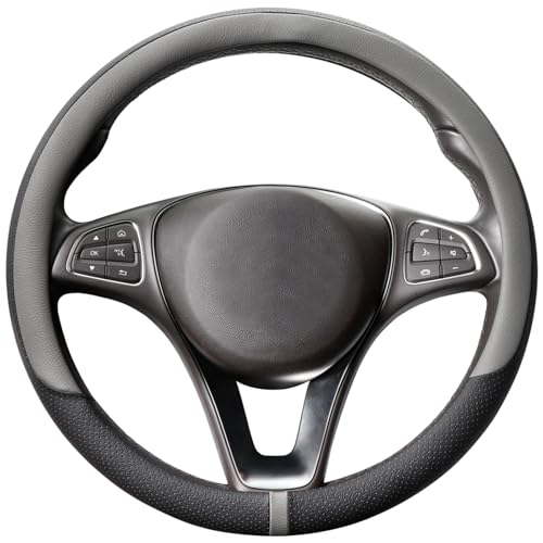 Breathable Steering Wheel Cover Microfiber Leather with Center Mark Design Universal Medium Size 14 1/2-15 Inch Gray and Black - color: Black and Gray Up, size: M (14.5"-15")