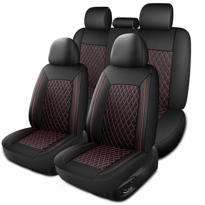 HChengkikz Leather Car Seat Covers, Breathable and Waterproof Seat Cover Full Set, PU Premium Universal Fit Automotive Airbag Compatible for Cars Sedans SUVs Vans and Trucks (Full Set, Black+Redline) - color: N1 Black Redline, size: Full Set