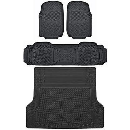 BDK OF-713 Diamond Grid Rubber Car Floor Mats, Universal Front & Rear Combo Set with Trunk Cargo Mat Liner for Car Sedan SUV Van, Heavy Duty All Weather Trim to Fit