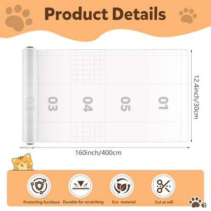 Anti Cat Scratch Furniture Protector, PET Single-Sided Sticky Couch Protector for Cats,100% Transparent Clear Training Self Adhesive Tape for Carpet, Sofa, Couch, Door (160in x12.4in)
