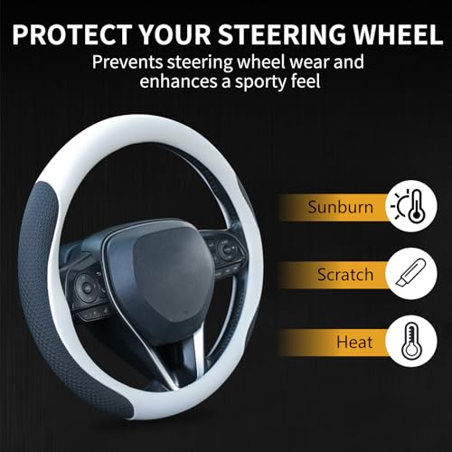 Uxcer Nappa Leather Steering Wheel Cover, Universal 14.5–15 Inch Non-Slip Breathable Steering Wheel Cover for Cars, White - color: White
