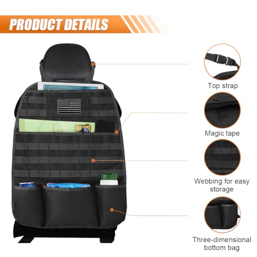Tactical Molle Car Seat Back Organizer, Vehicle Panel Car Seat Back Cover Protector with 5 Storage Pouch, Universal Backseat Storage Organizer with USA Flag Patch for Car SUV Truck MPV (Black-2 Pcs) - size: Black-2 Pcs