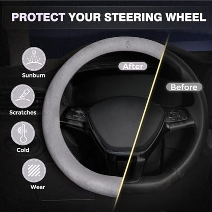 Winter Steering Wheel Cover, Microfiber Suede Car Steering Wheel Covers with Anti-Slip Lining, Breathable Elastic Car Steering Wheel Protector Soft, Universal Standard Size 14-15 inch