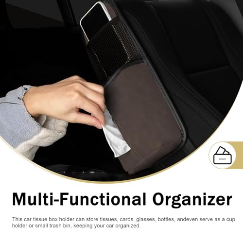 Car Tissue Holder, Car Leather Seat Side Hanging Storage Bag, Waterproof Multifunctional Hanging Card Cup Holder Storage Bag with Mesh Net, Universal for Most Cars (Brown) - color: Brown
