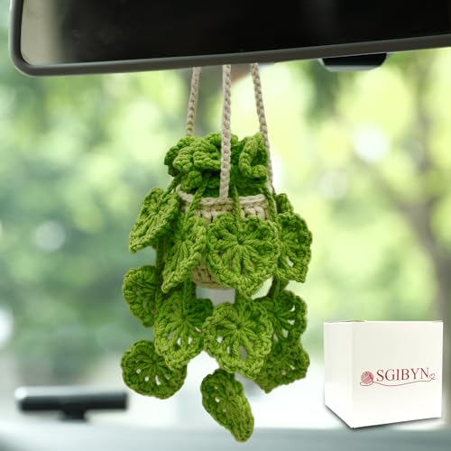 Crochet Hanging Plant for Car,Car Decorations Interior,Plant Aesthetic Car Accessories for Women Interior Cute,Car Ornaments Charms for Rear View Mirror,Boho Car Decoration Gifts - color: Olive Cutout Leaves