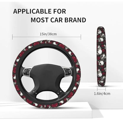 Skull Rose Steering Wheel Cover with 2 Car Coasters Non Slip Neoprene for Women Men Universal 15 Inch - color: Skull Rose