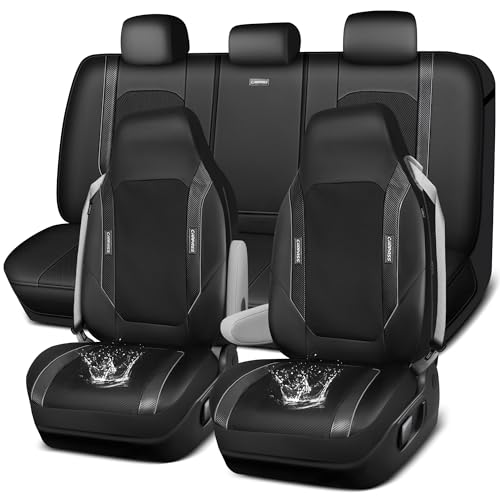 CAR PASS Faux Leather High Back Seat Covers Full Set, Sporty Waterproof Automotive Seat Covers, Anti Slip Airbag Compatible Universal Fit for Most Sedans Trucks Vans Suvs, All Black - color: Solid Black Full Set