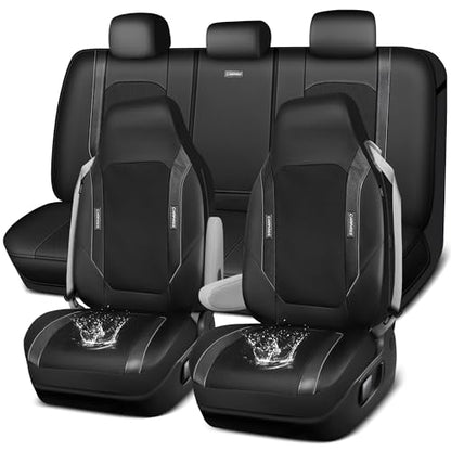 CAR PASS Faux Leather High Back Seat Covers Full Set, Sporty Waterproof Automotive Seat Covers, Anti Slip Airbag Compatible Universal Fit for Most Sedans Trucks Vans Suvs, All Black - color: Solid Black Full Set