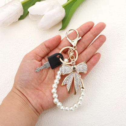 2 Pcs White Rhinestone Bowknot Keychain Imitation Pearl Chains Sparkly Bow Purse Charm Bag Charms for Handbags Purse Backpacks Handbag Charms Keychain Accessories for Women