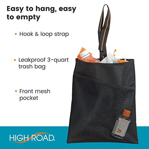High Road Small Hanging Car Trash Bag with Waterproof Liner, Storage Pocket and Adjustable Strap - Hangs from Handles or Headrest Posts Without Taking Up Legroom - color: Black