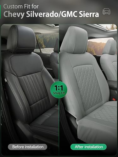 GIANT PANDA 2PCS Front Car Seat Cover for 2007-2026 Chevy Silverado & GMC Sierra 1500 2500 3500 Crew Extended Double Cab Pickup,Custom Fit Chevy & GMC Truck Seat Protectors,Faux Leather (Grey) - color: Gray-Luxury Edition