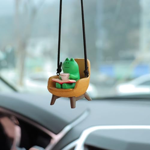 Frog Rear View Mirror Hanging Accessories Cute Frog Sitting Sofa Reading and Drinking Coffee Car Hanging Ornament Pendant Interior Rearview Mirror Decoration - color: Car Hanging Frog Reading