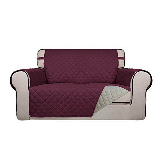 PureFit Reversible Quilted Sofa Cover, Water Resistant Medium Slipcover Furniture Protector, Washable Couch Cover with Non Slip Foam and Elastic Straps for Kids, Dogs, Pets (Loveseat, Wine/Beige) - color: Wine/Beige, size: Medium