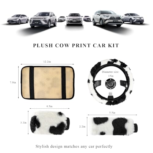 4 PCS Cow Print Car Accessories Set, Cute Cow Print Plush Wheel Shift Knob Protector for Winter Warm, Soft Fluffy Printed Handbrake Covers Armrest Pad for Women Girls - color: 4PCS Set