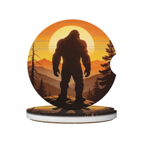 Bigfoot Sunset Mountains Forest 2 Pack Car Cup Holder Coasters Absorbent Ceramic Drink Coasters 2.56" Universal Anti Slip Cup Mat with Finger Notch Auto Accessories Interior for Women Men - color: Dark Black