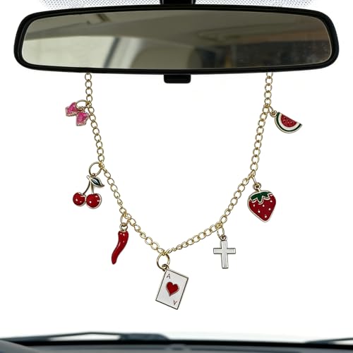 Rearview Mirror Charm for Car,Gold Cars Hanging Accessories with Cross Bow Cherry Pepper Poker A Strawberry Watermelon Car Decor,Christian Faith Cars Accessories Decor,Religion Gifts for Drivers - color: Summer Fruits