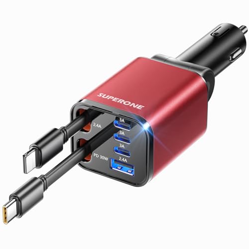 [Upgraded] 4 in 1 Retractable Car Charger, SUPERONE Smaller Fast Car Phone Charger 69W with Cord, USB C and iPhone Car Charger Adapter, Compatible iPhone 17/17 Pro Max/16/15/14/13/12/11, Sumsung - color: Red, size: Type C & Apple Cord