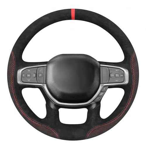 MEWANT Hand Stitch Steering Wheel Cover for Dodge RAM 1500 2500 3500 2019-2025 DIY Custom Fit Black 9040 Mesh IT-Alcan Suede Wrap Protector Non-Slip Interior Accessories - color: Black 9040 IT-Alcan Suede&Red&Black Stitching