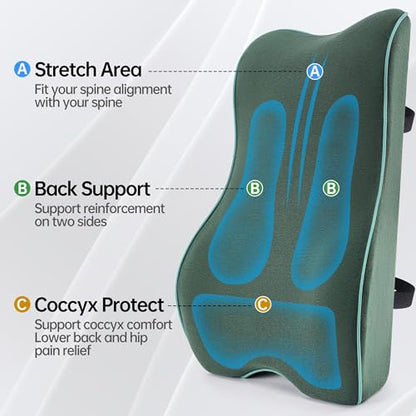 Plush & Comfortable Memory Foam Lumbar Support Pillow - Soft Back Cushion for Office Chair, Car Seat, Gaming Chair - Ergonomic Lower Back Pain Relief with Adjustable Straps & Washable Cover-Dark Green