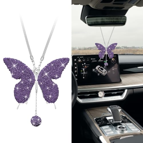 Bling Butterfly Diamond Car Accessories, Car Mirror Hanging Accessories, Crystal Rhinestone Auto Rear View Mirror Charms, Lucky Diamond Auto Interior Hanging Ornament Pendant for Cars (Purple) - color: Purple