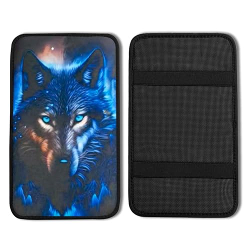 Wolf Vehicle Center Console Armrest Cover Pad,Wolf Car Accessories Soft Middle Console Cushion Pad,Auto Arm Rest Mat Decor Wolfs Gifts for Women Men Dad for Most Vehicle SUV Truck - color: Blue Wolf