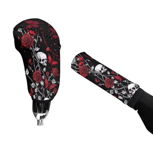 Skull Rose Print 2 Pcs Car Shift Knob Cover Handbrake Cover Set, Stretchy Car Gear Shift Knob Cover and Auto Selector Handball Collar Vehicle Interior Accessories - color: Skull Rose
