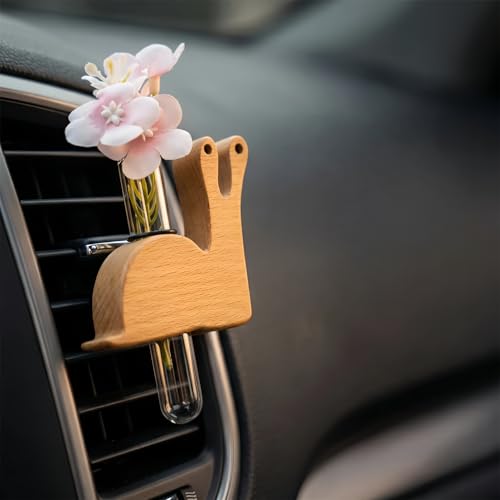 Little Glass Flower Vase Air Vent Clip, Wooden Stand Car Aroma Diffuser, Car Air Vent Decor Plant Holder, Auto Interior Decorations (Beech Snail)