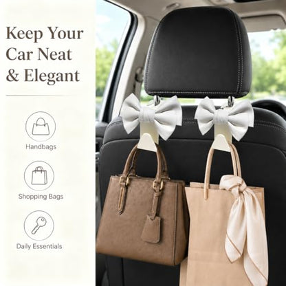 2 Pack Car Purse Hooks, Cute Bow Car Seat Headrest Hook Hanger for Purses and Bags.(white) - color: white