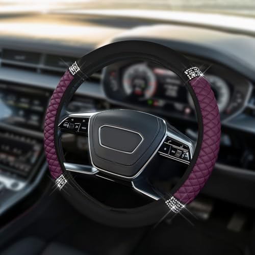 Car Steering Wheel Cover, Steering Wheel Accessories, Breathable Microfiber Leather Auto Wheels Protector, Universal 15 Inch Anti-Slip Protector for SUV Sedan Truck (Bling-Purple)