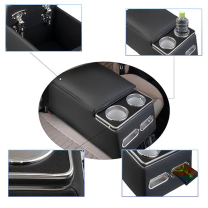 Center Console Organizer Armrest Storage Box with Cup and Phone Holder for Car & Van & Truck Floor Cab Back Bench Seat Black