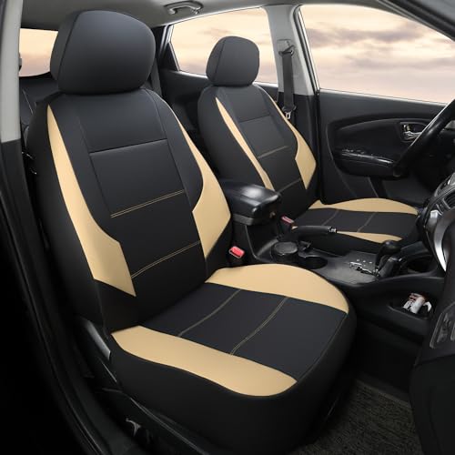 GIANT PANDA Front Car Seat Cover for Hyundai, Faux Leather Bucket Seat Covers Custom Fit Hyundai Sonata Elantra Santa Fe Tucson Accent Kona Palisade Genesis Venue Ioniq(Beige+Black) 2-Pack - color: Black, Beige