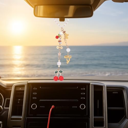 Cherry Bow Rear View Mirror Charm - Gold Crystal Bead Car Suncatcher Pendant, CherrIies Hanging Ornament for Car Accessories, Aesthetic Gift for Women New Driver Friends - style: Cherry Bow