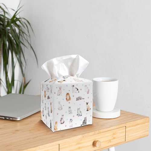 Tissue Box Cover Holder Square - Cute Cats and Paw PU Leather Tissue Box Cover with Bottom Belt, Facial Paper Organizer for Tabletop, Bathroom, Kitchen, Car & Office -040 - color: Cute Cats