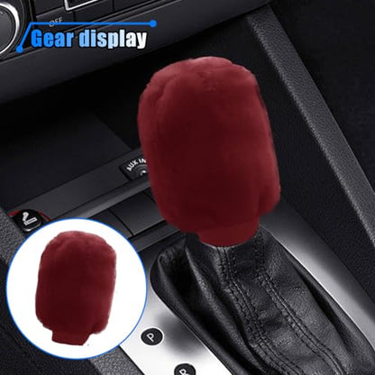 2PCS Plush Car Gear Shift Knob Cover & Handbrake Cover, Soft Fluffy Shift Knob Brake Handle Protector, Universal Car Interior Accessories (Burgundy) - color: Burgundy