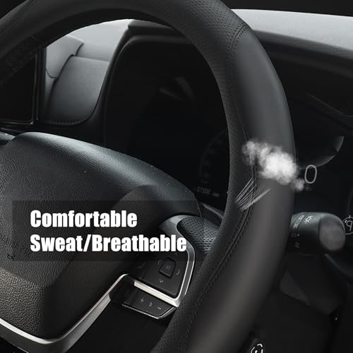 Car Steering Wheel Cover 15 inch, Nappa Leather Steering Wheel Protector, Breathable, Comfortable, Anti-Slip, Black - color: Black-3