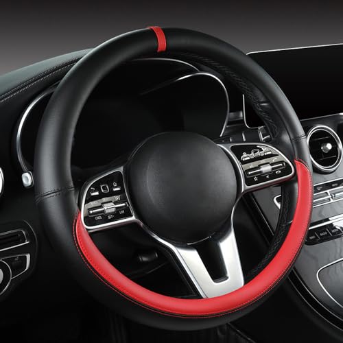 Morandi Color Steering Wheel Cover, Nappa Leather, Fashionable Sporty Style, Universal 15 inches, Black and red - color: Black and red