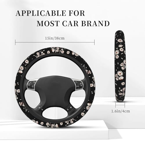 Black and White Daisies Elastic Steering Wheel Cover, Non-Slip Breathable Neoprene Steering Wheel Covers, Women Pink Car Accessories, Universal 15 Inch Fit Auto, Suvs, Truck - color: Black White Daisy