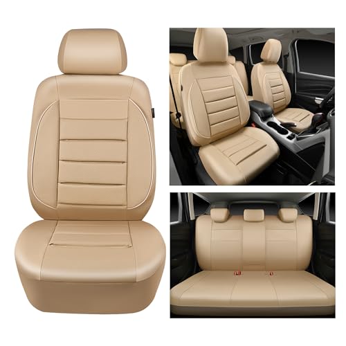 CAR PASS Leather Seat Covers Full Set Universal Water Resistant 3D Foam Back Support, Luxury Comfort Automotive 5 Seat Covers All Season Fit for SUV,Sedan,Van, Airbag Compatible Elegance (Beige) - color: All Beige