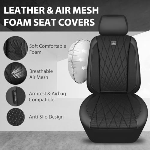 CAR PASS Thick Foam 3D Mesh Leather Car Seat Covers Full Set, Luxury Breathable Premuim Faux Leather Automotive Seat Covers, Airbag Compatible Universal Fit for Most Sedan Van Truck SUV, Pure Black - color: Black Foam Mesh, size: Full Set