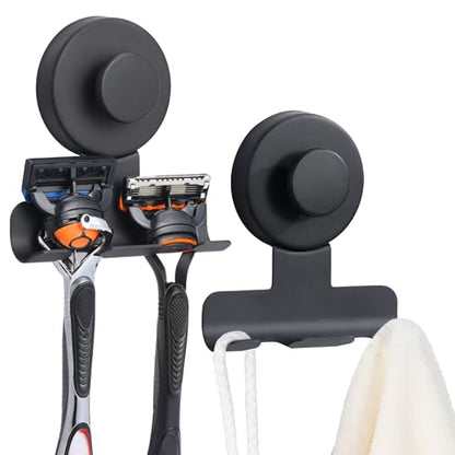 No-Drill Suction Cup Razor and Shaver Holder, Stainless Steel Shower Hook for Towel & Loofah, Damage-Free Reusable Bathroom Wall Organizer 2 Pack Matte Black - color: Matte Black