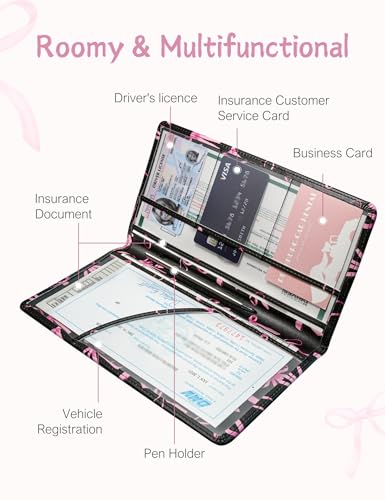 Mymazn Car Registration and Insurance Holder, PU Leather Glove Box Car Organizer with Magnetic Closure, Car Document Holder for Driver's License & Essential Documents (Pink Bow) - color: Pink Bow