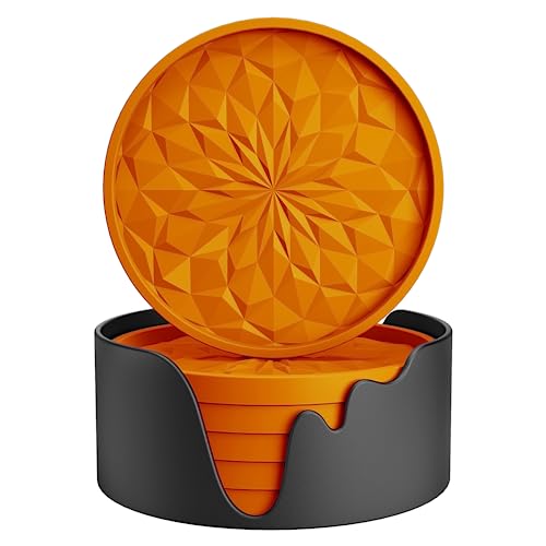 Silicone Coasters with Holder,[6 Pack] Drinking Coasters - Cup Mat for Hot or Cold Drinks, Thickened, Non-Slip, Non-stick,Deep Tray Orange - color: Orange