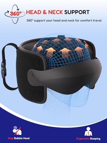 Travel Pillow for Airplane, Travel Pillow with Seat Strap and 3D Eye Mask to Firm Head, 360°Support Headrest No Bobblehead, Travel Essentials for Long Flight,Car Road Trip,Black - color: Black